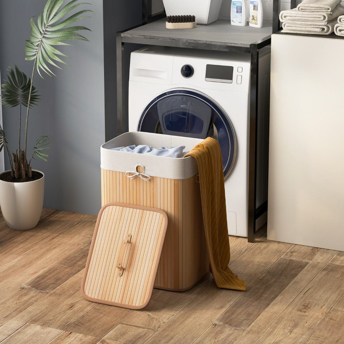 Rectangle Bamboo Hamper Laundry Basket Washing Cloth Bin Storage Bag Lid-Natural