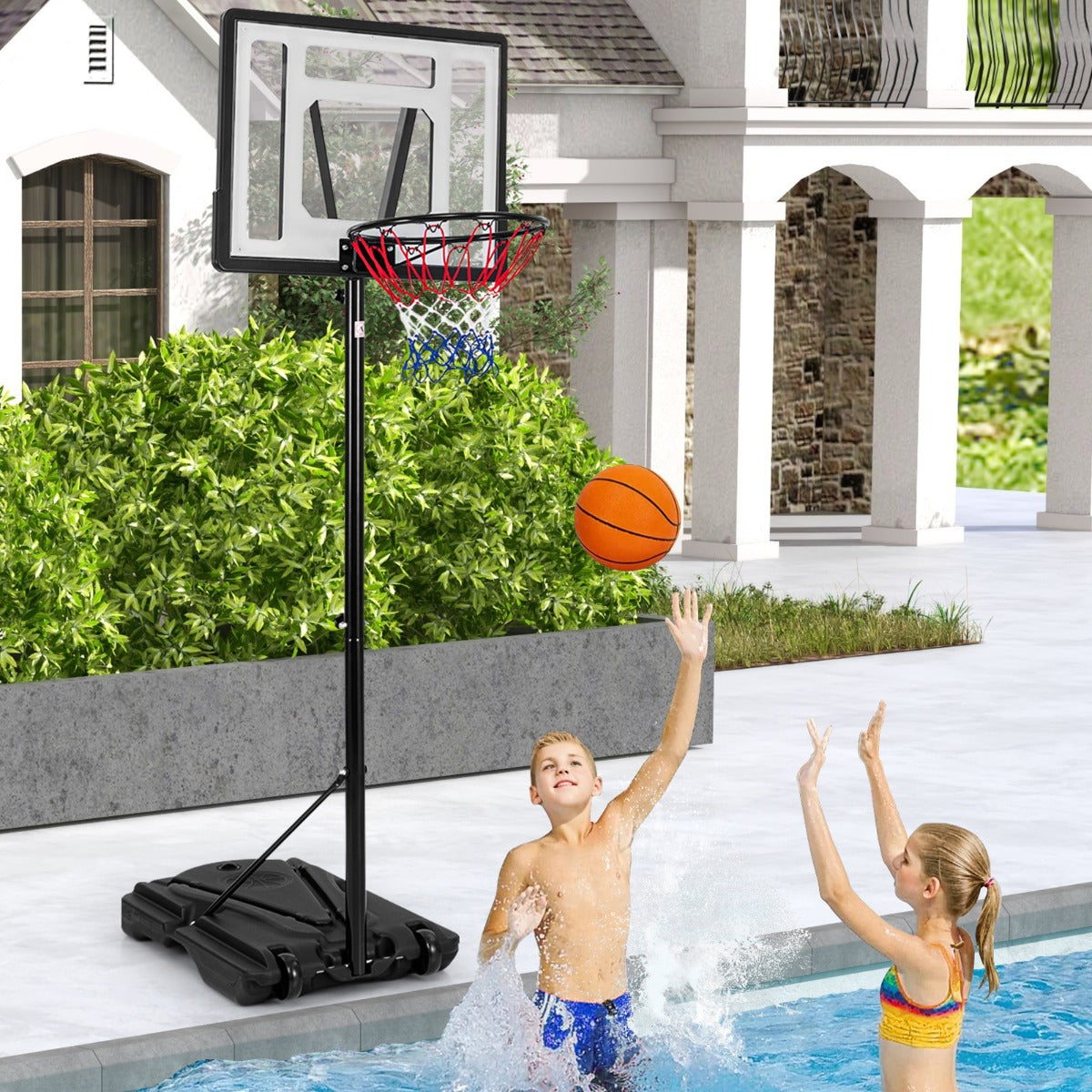 Height-Adjustable Basketball Hoop with Built-In Wheels and Fillable Base