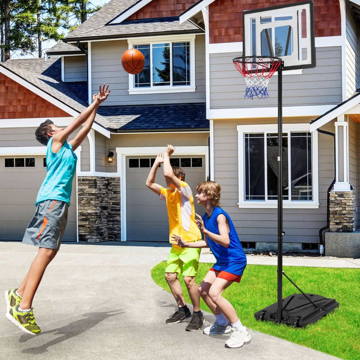 Height-Adjustable Basketball Hoop with Built-In Wheels and Fillable Base