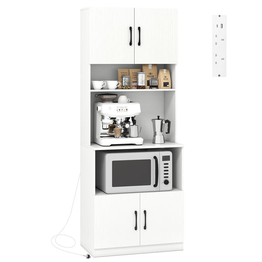 Pantry Cabinet with Power Outlets Freestanding Narrow Kitchen Hutch with 4 Doors-White