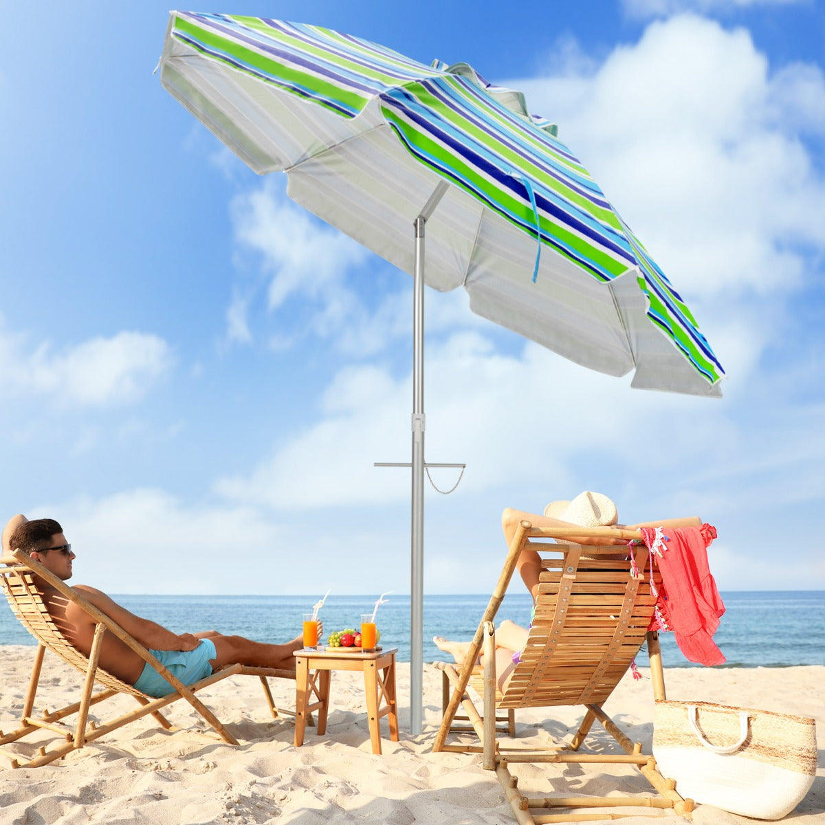 198cm Beach Umbrella with Push Button Tilt Sand Anchor Carry Bag Windproof Sun Shelter Green