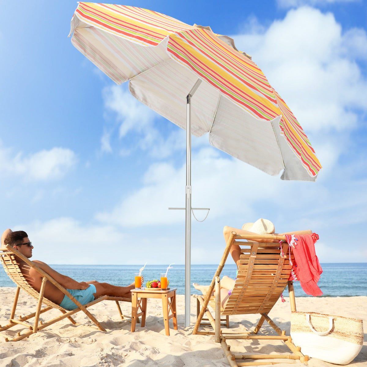 198cm Beach Umbrella with Push Button Tilt Sand Anchor Carry Bag Windproof Sun Shelter Yellow