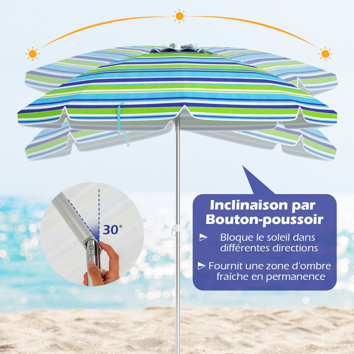 198cm Beach Umbrella with Push Button Tilt Sand Anchor Carry Bag Windproof Sun Shelter Green