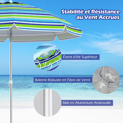 198cm Beach Umbrella with Push Button Tilt Sand Anchor Carry Bag Windproof Sun Shelter Green
