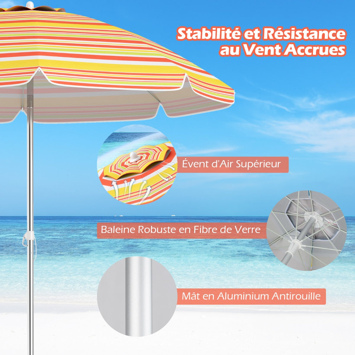 198cm Beach Umbrella with Push Button Tilt Sand Anchor Carry Bag Windproof Sun Shelter Yellow
