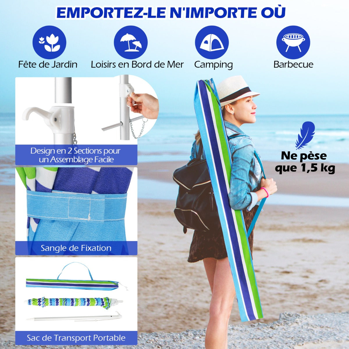 198cm Beach Umbrella with Push Button Tilt Sand Anchor Carry Bag Windproof Sun Shelter Green