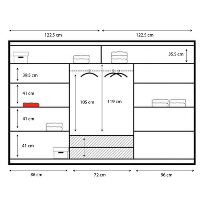 Vista Mirrored Sliding Door Wardrobe 250 cm- Black, White and Oak