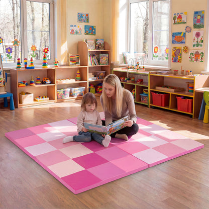 Foldable Patchwork Toddler Activity Mat with Waterproof Faux Leather-Pink