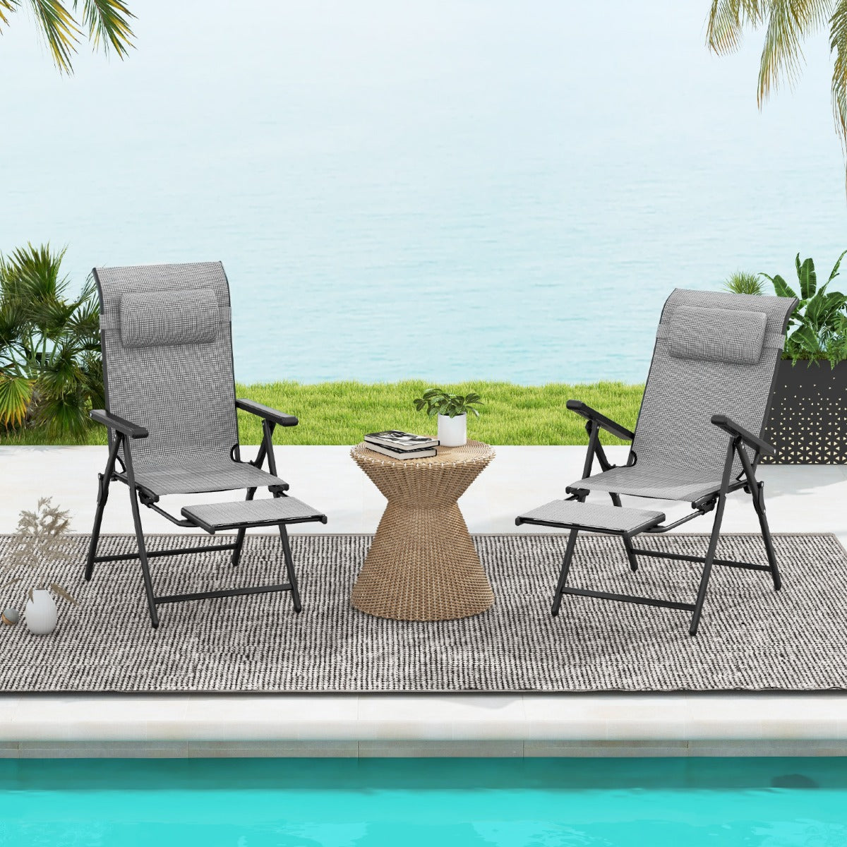 Folding Patio Chair with 10-Level Adjustable Backrest and Armrests-Grey