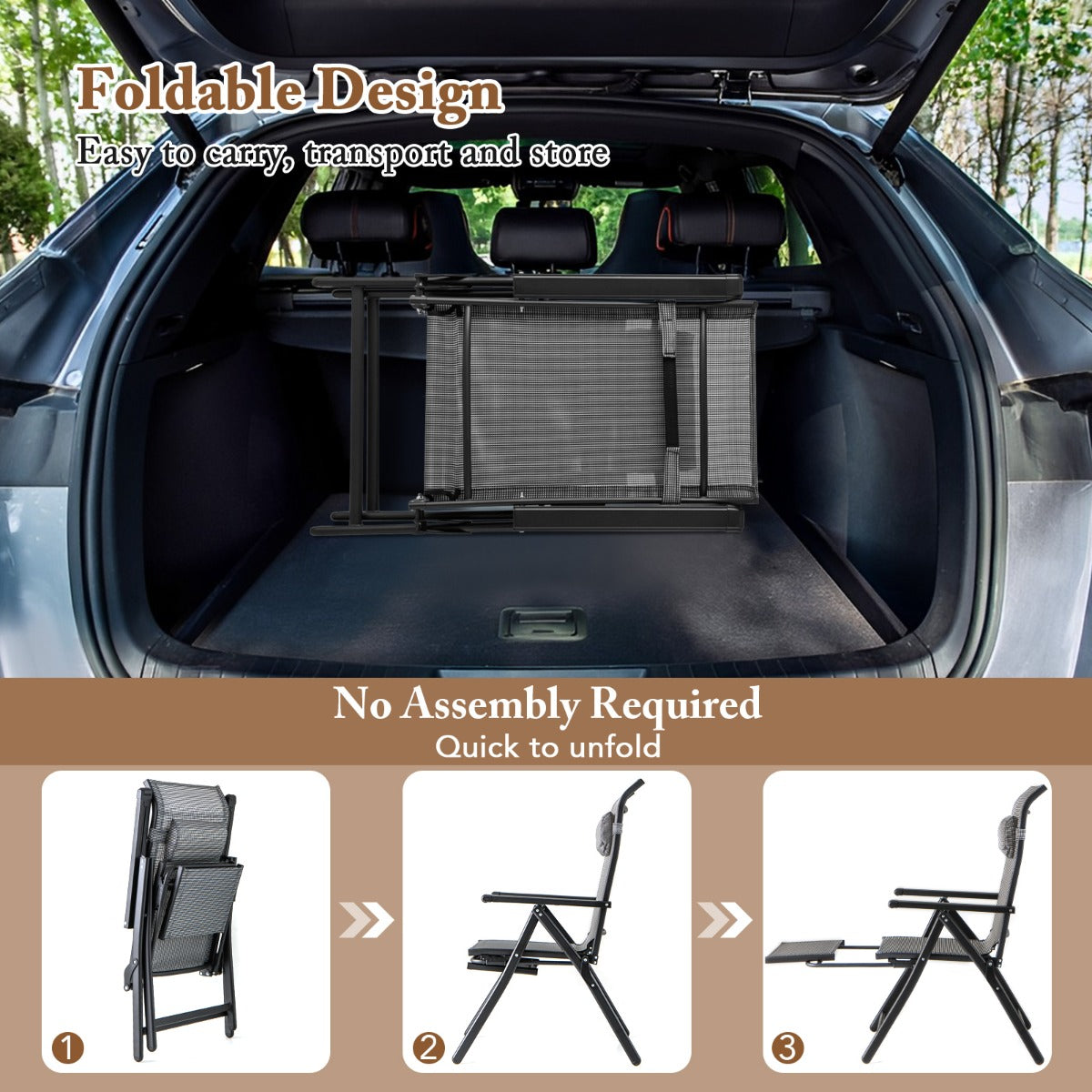 Folding Patio Chair with 10-Level Adjustable Backrest and Armrests-Grey