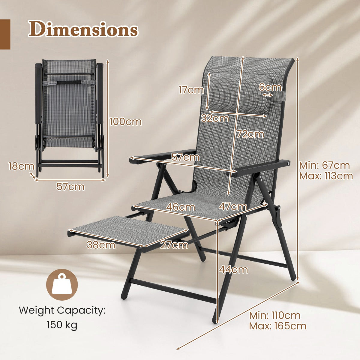 Folding Patio Chair with 10-Level Adjustable Backrest and Armrests-Grey