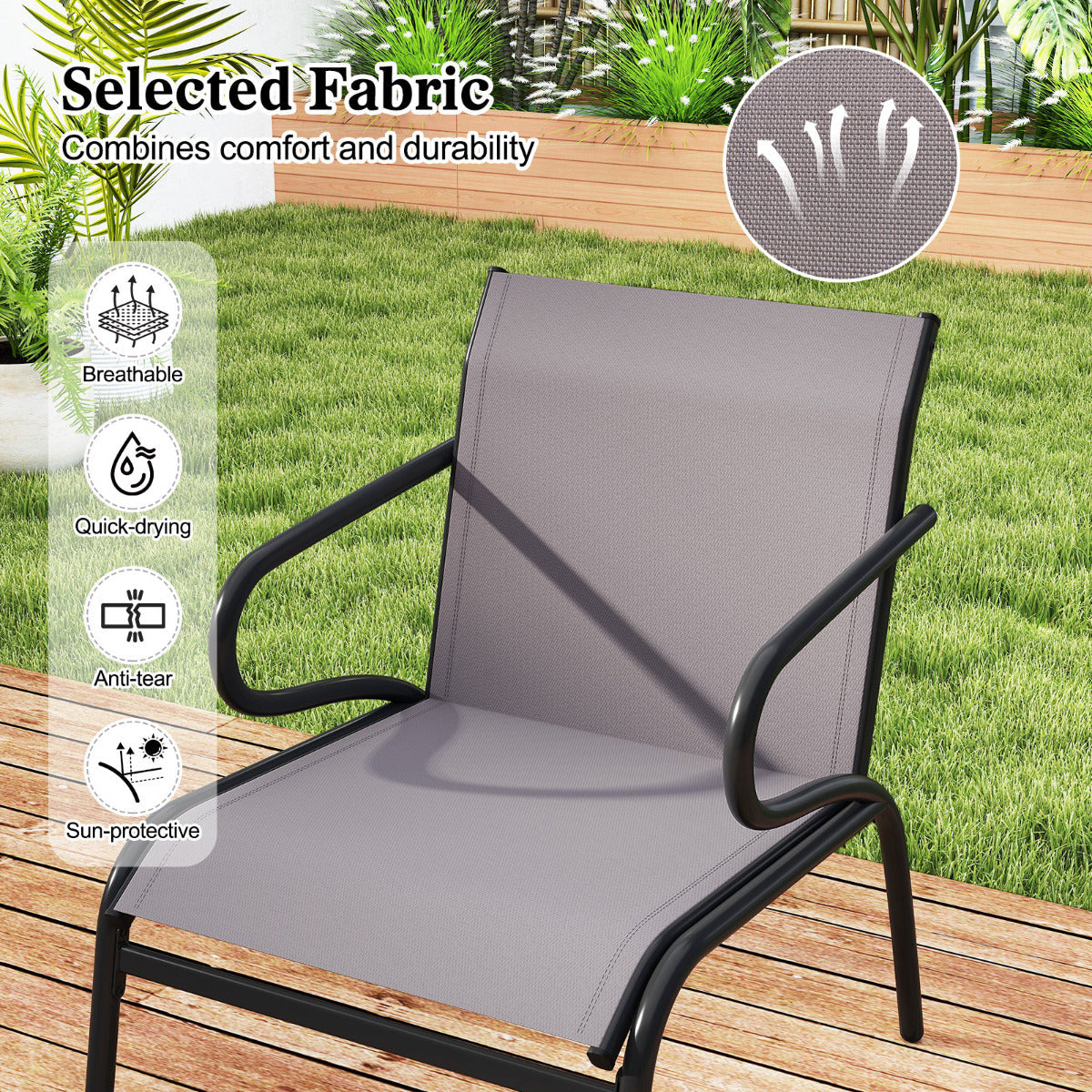 Patio Chairs Set of 2 with Breathable Fabric and Metal Frame-Grey