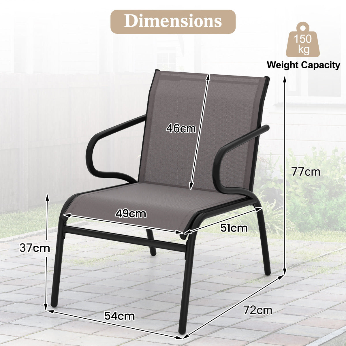 Patio Chairs Set of 2 with Breathable Fabric and Metal Frame-Grey
