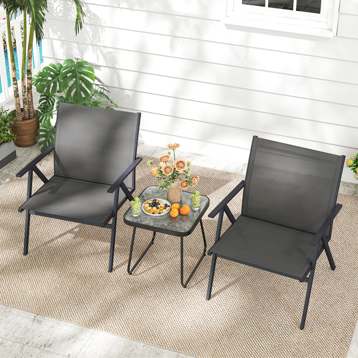 Patio Chairs Set of 2 with Breathable Mesh Fabric and Metal Frame-Grey