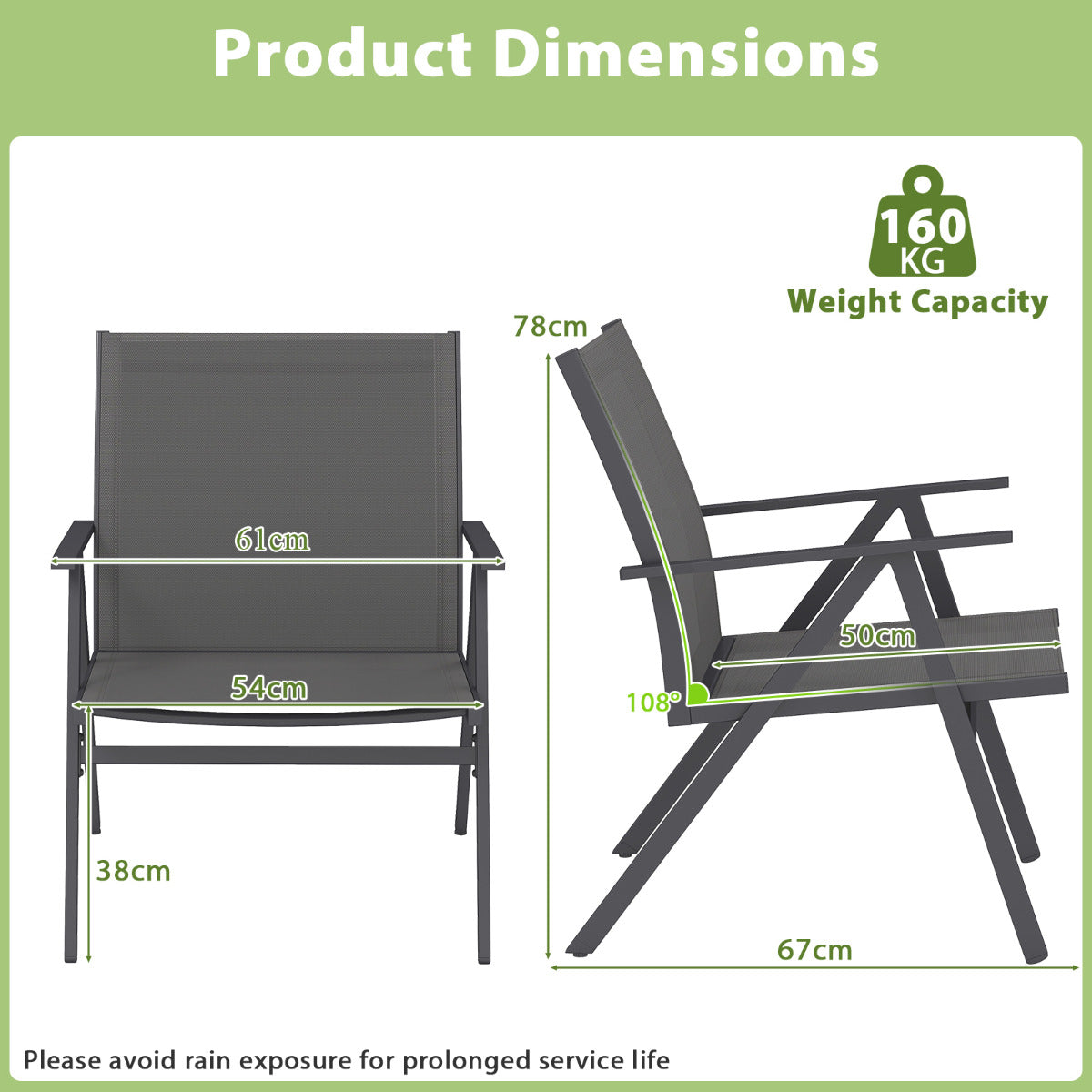 Patio Chairs Set of 2 with Breathable Mesh Fabric and Metal Frame-Grey