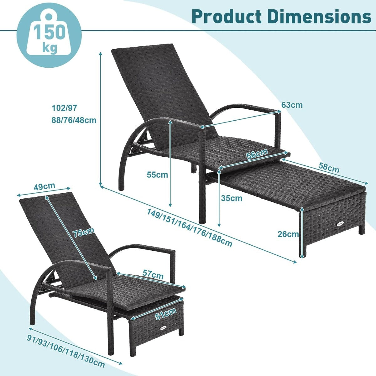 Patio Chaise Lounge with 5-Level Adjustable Backrest-Brown