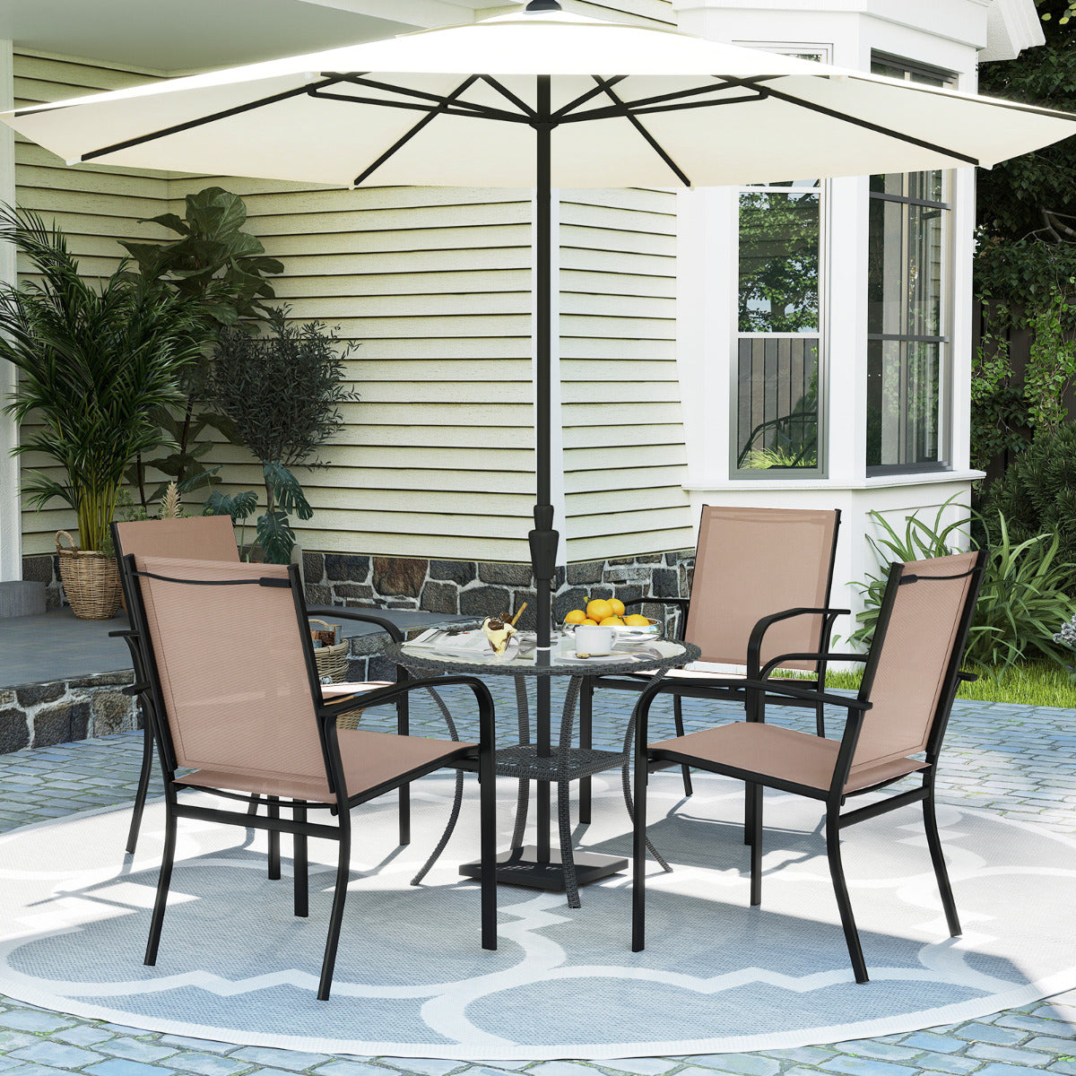 Patio Dining Chair Set of 2 with Breathable Backrest and Seat-Coffee