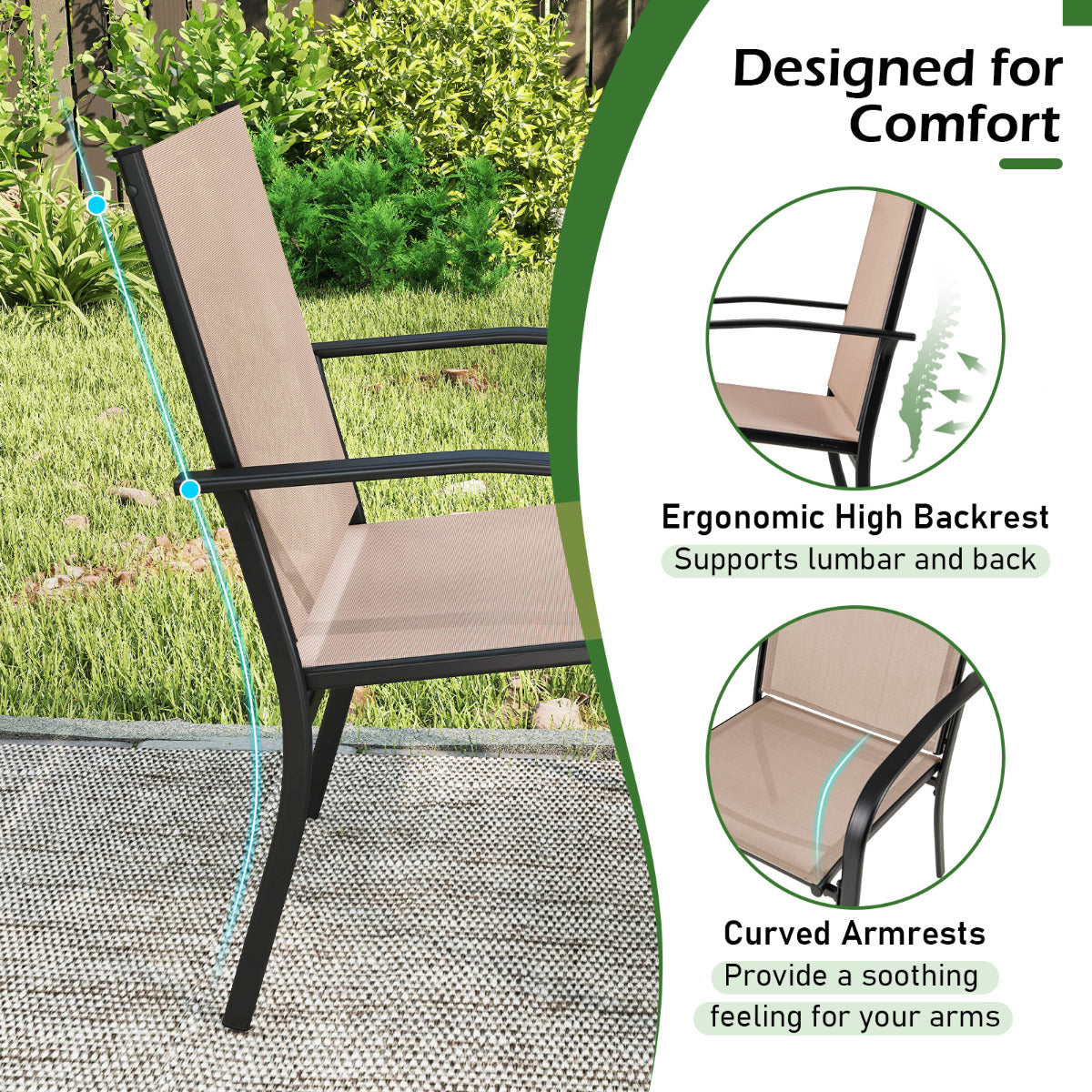 Patio Dining Chair Set of 2 with Breathable Backrest and Seat-Coffee