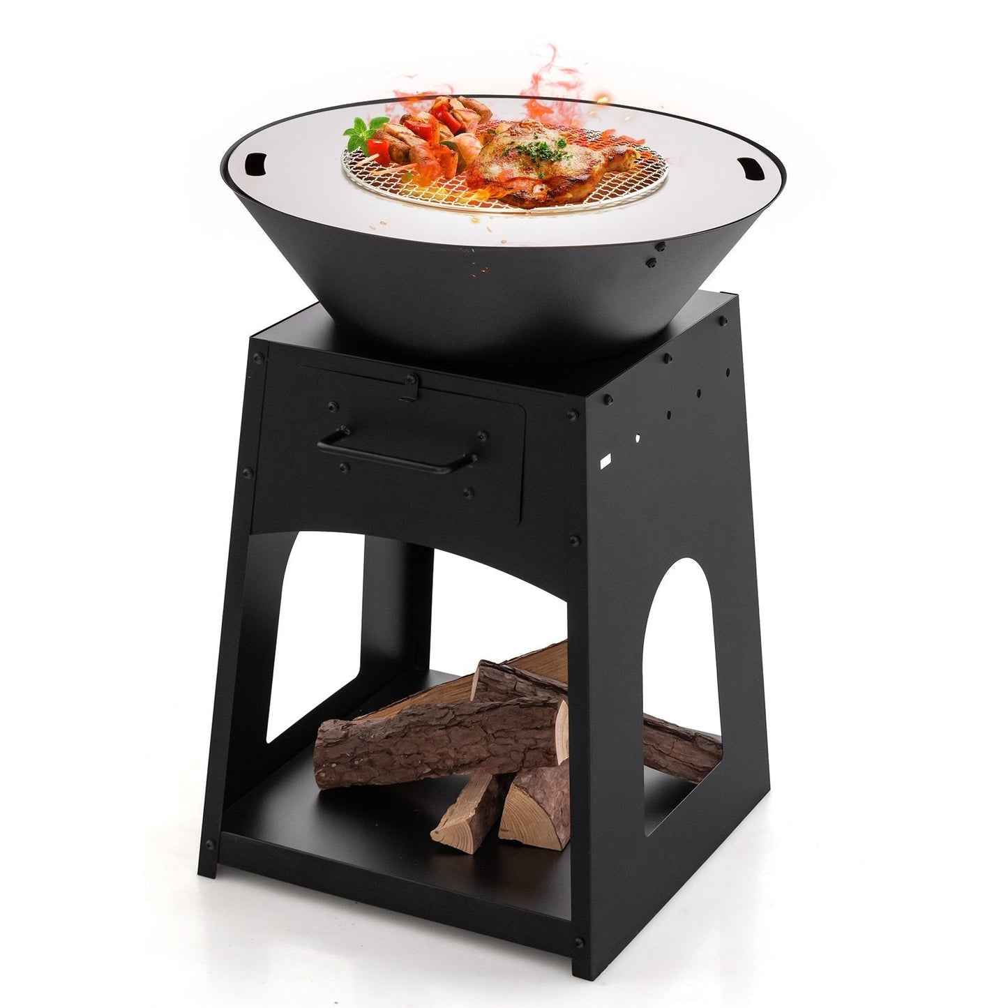 Heavy Duty Fire Pit With firewood rack and Fire Poker-Black