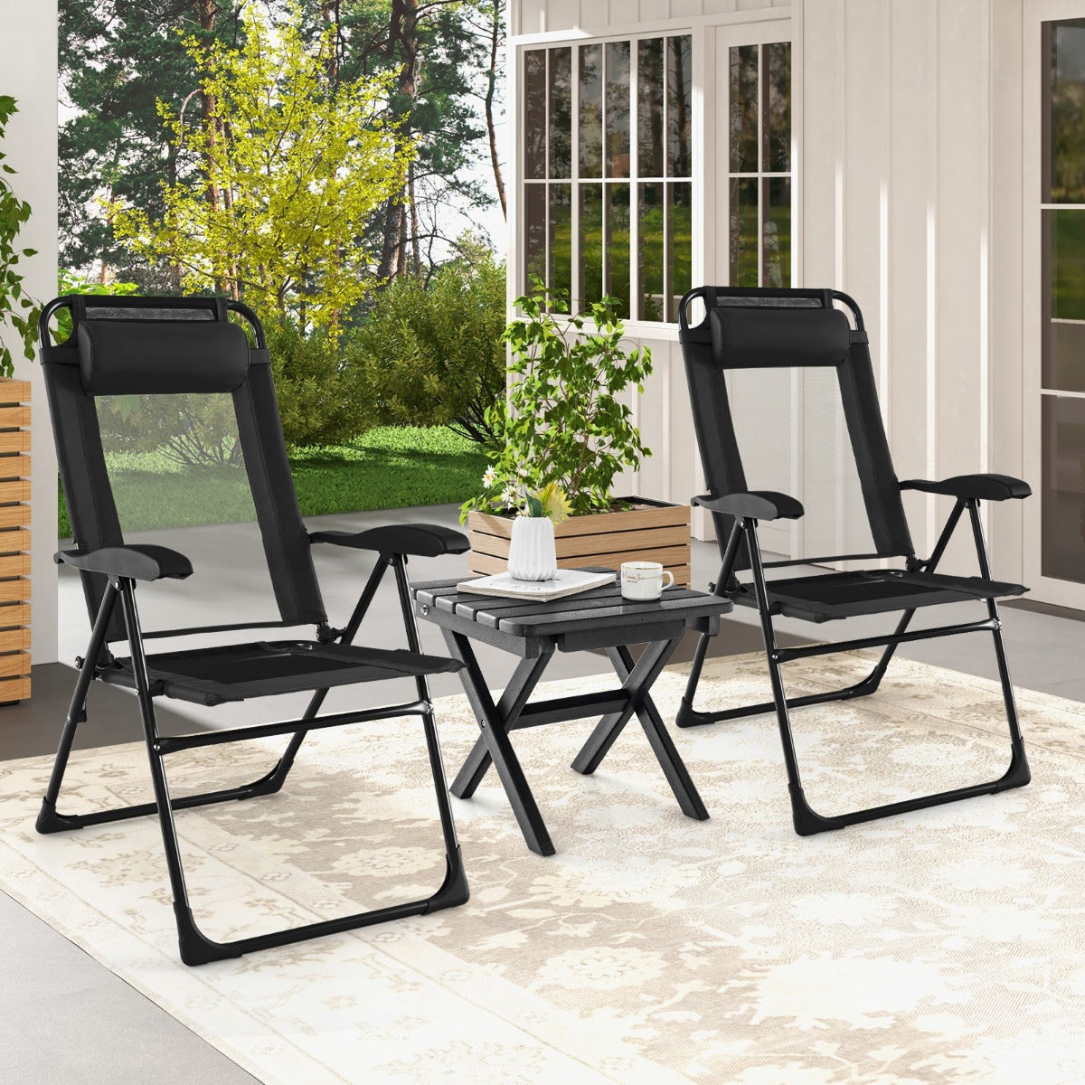 Patio Folding Chairs Set of 2 with Wide Armrests and 7-Level Backrest for Camping Backyard Garden-Black