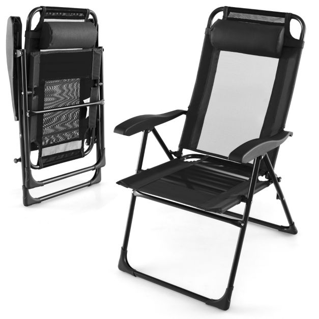 Patio Folding Chairs Set of 2 with Wide Armrests and 7-Level Backrest for Camping Backyard Garden-Black
