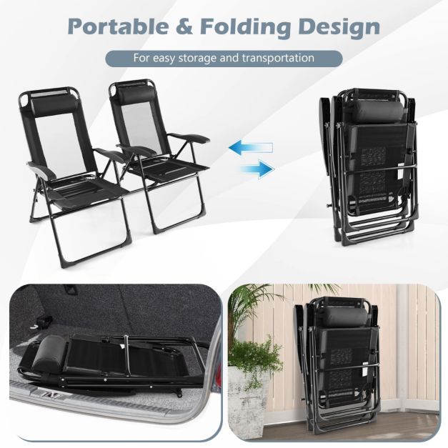 Patio Folding Chairs Set of 2 with Wide Armrests and 7-Level Backrest for Camping Backyard Garden-Black
