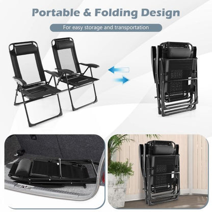 Patio Folding Chairs Set of 2 with Wide Armrests and 7-Level Backrest for Camping Backyard Garden-Black