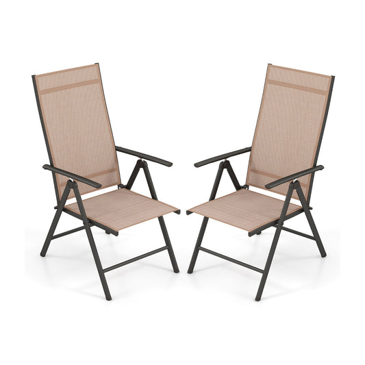 Patio Folding Dining Chairs Set of 2 with 7-Level Adjustable High Backrest-Brown