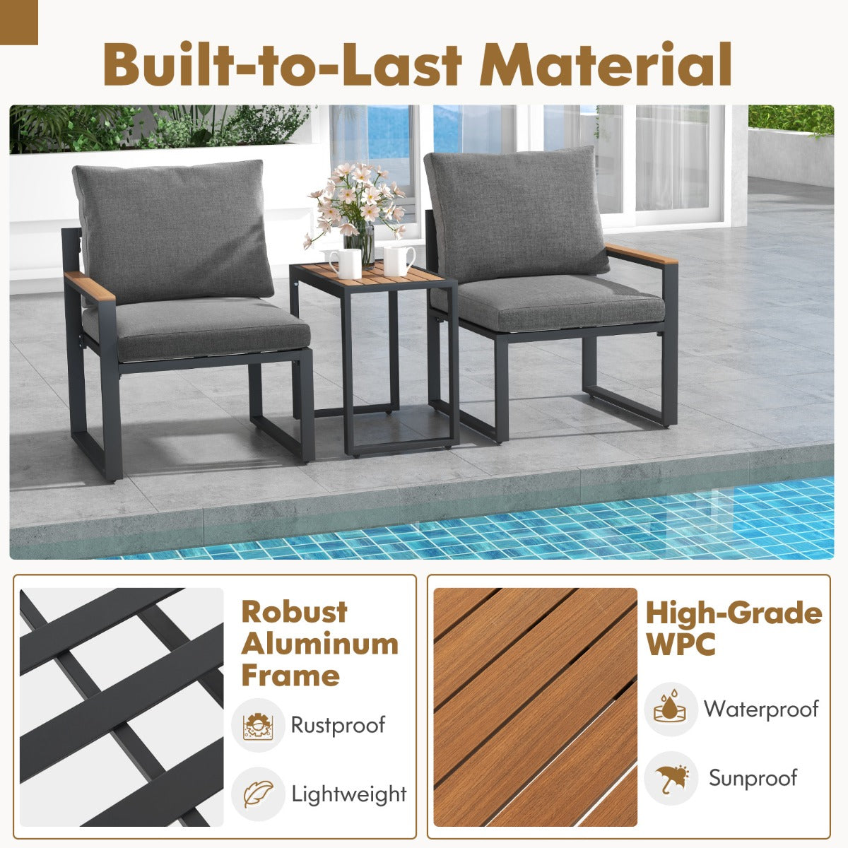 3 Pieces Patio Furniture Set with Soft Cushions for Backyard, Poolside, Porch, Balcony-Grey