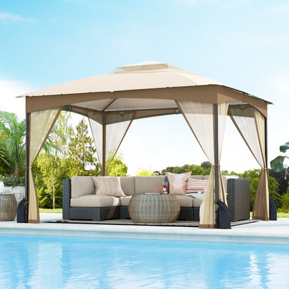 Patio Gazebo with Netting Walls Soft Top Double Roof Canopy with Sandbags-Khaki