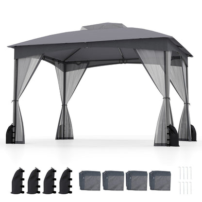 Patio Gazebo with Netting Walls Soft Top Double Roof Canopy with Sandbags-Grey