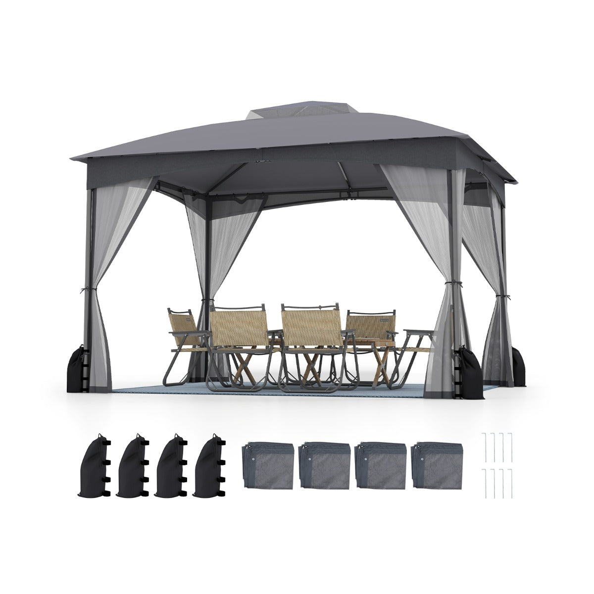 Patio Gazebo with Netting Walls Soft Top Double Roof Canopy with Sandbags-Grey