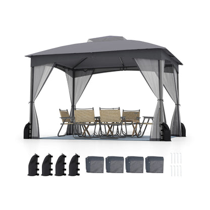 Patio Gazebo with Netting Walls Soft Top Double Roof Canopy with Sandbags-Grey