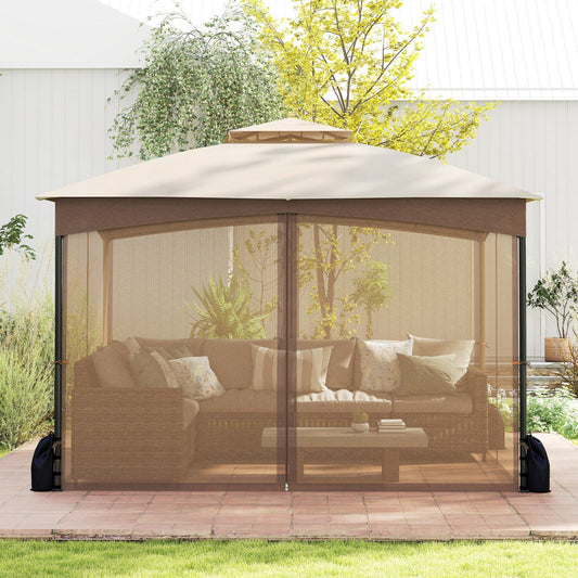 Patio Gazebo with Netting Walls Soft Top Double Roof Canopy with Sandbags-Khaki