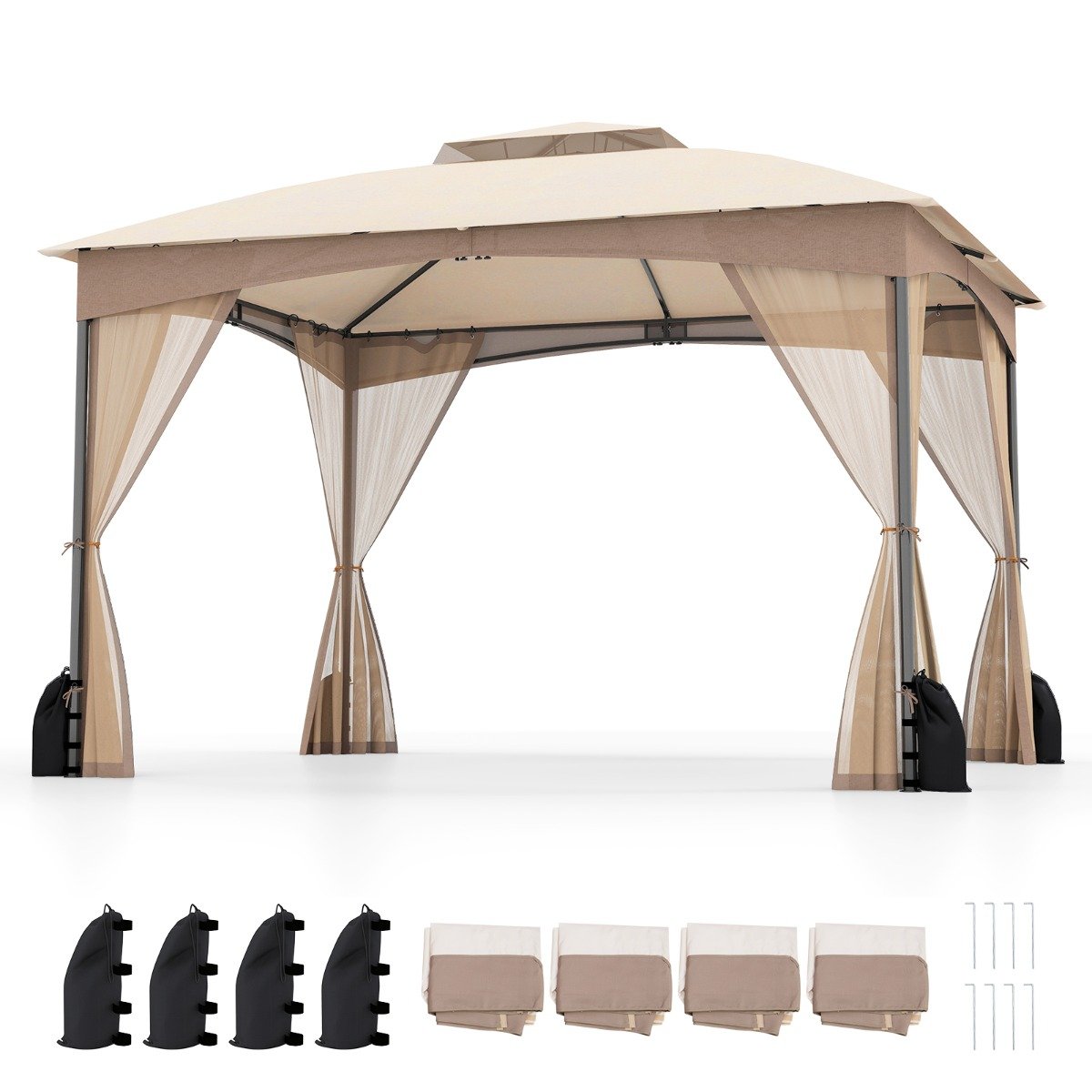 Patio Gazebo with Netting Walls Soft Top Double Roof Canopy with Sandbags-Khaki