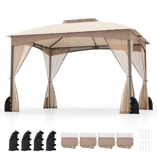 Patio Gazebo with Netting Walls Soft Top Double Roof Canopy with Sandbags-Khaki