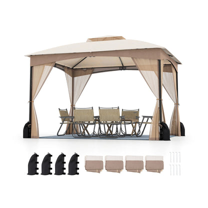 Patio Gazebo with Netting Walls Soft Top Double Roof Canopy with Sandbags-Khaki