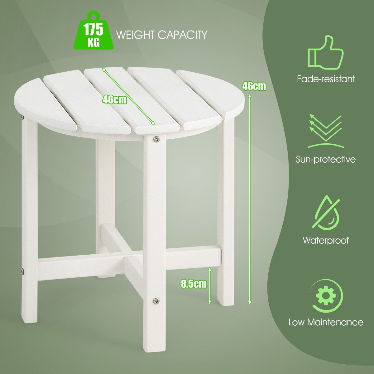 Patio Round HDPE Side Table for Yard Porch Garden-White