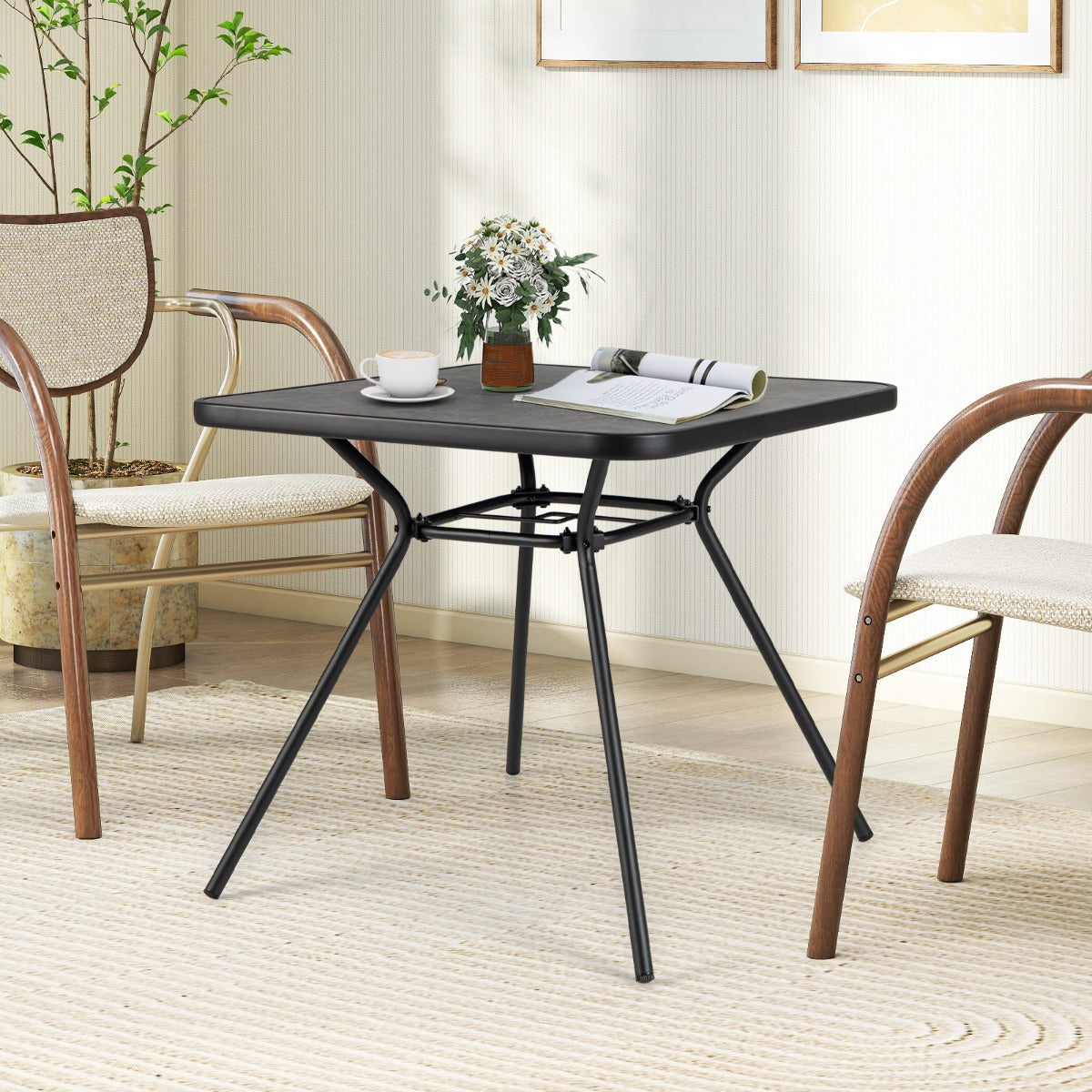 Patio Square Outdoor Dining Table with Umbrella Hole and Lid