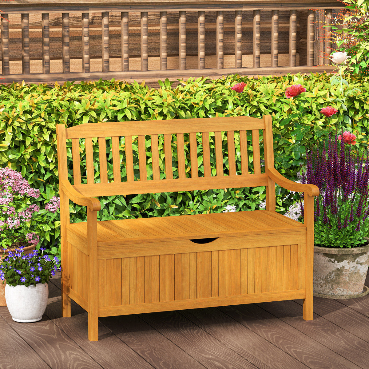 Patio Wood Storage Bench with 125L Inner Space and Slatted Backrest
