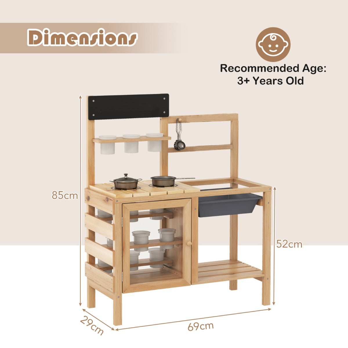 Patio Wooden Pretend Play Kitchen with Plants Observation Room for Kids Outdoor-Natural