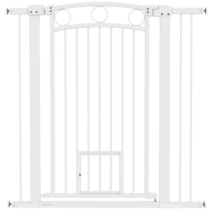 PawHut 106cm Tall Dog Gate with Cat Door, 7cm and 14cm Extensions, for Stairs, Doorways, 76-104cm Width