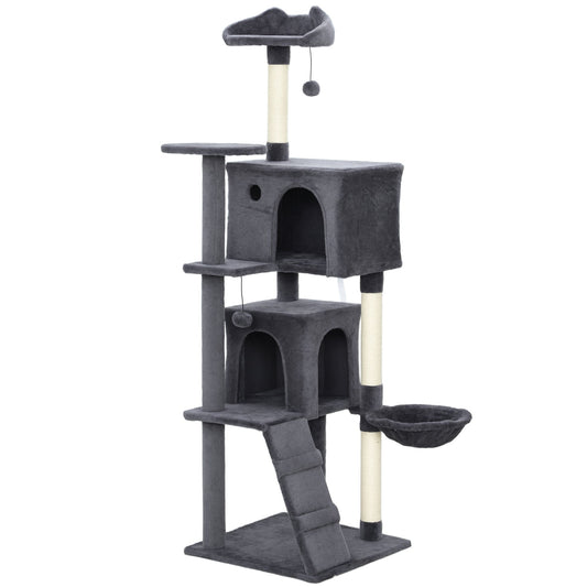 PawHut 160cm Large Cat Tree Tower with Sisal Scratching Posts, Condos, Plush Perches, Hammock, Ladder, Dark Grey