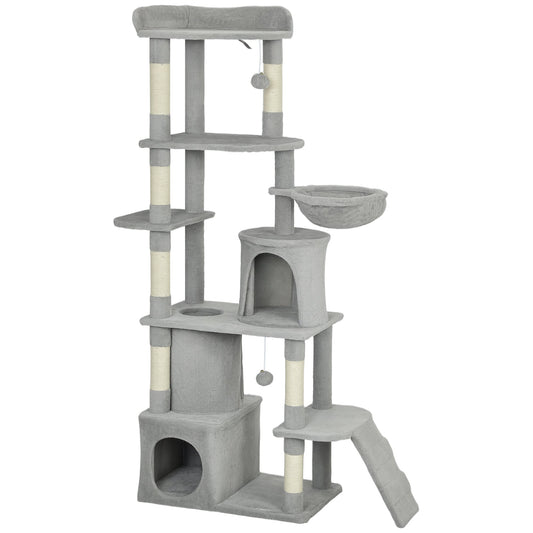 PawHut 170 cm Large Cat Tree, Cat Tower with 7 Scratching Posts, 2 Condos, Hammock, Light Grey