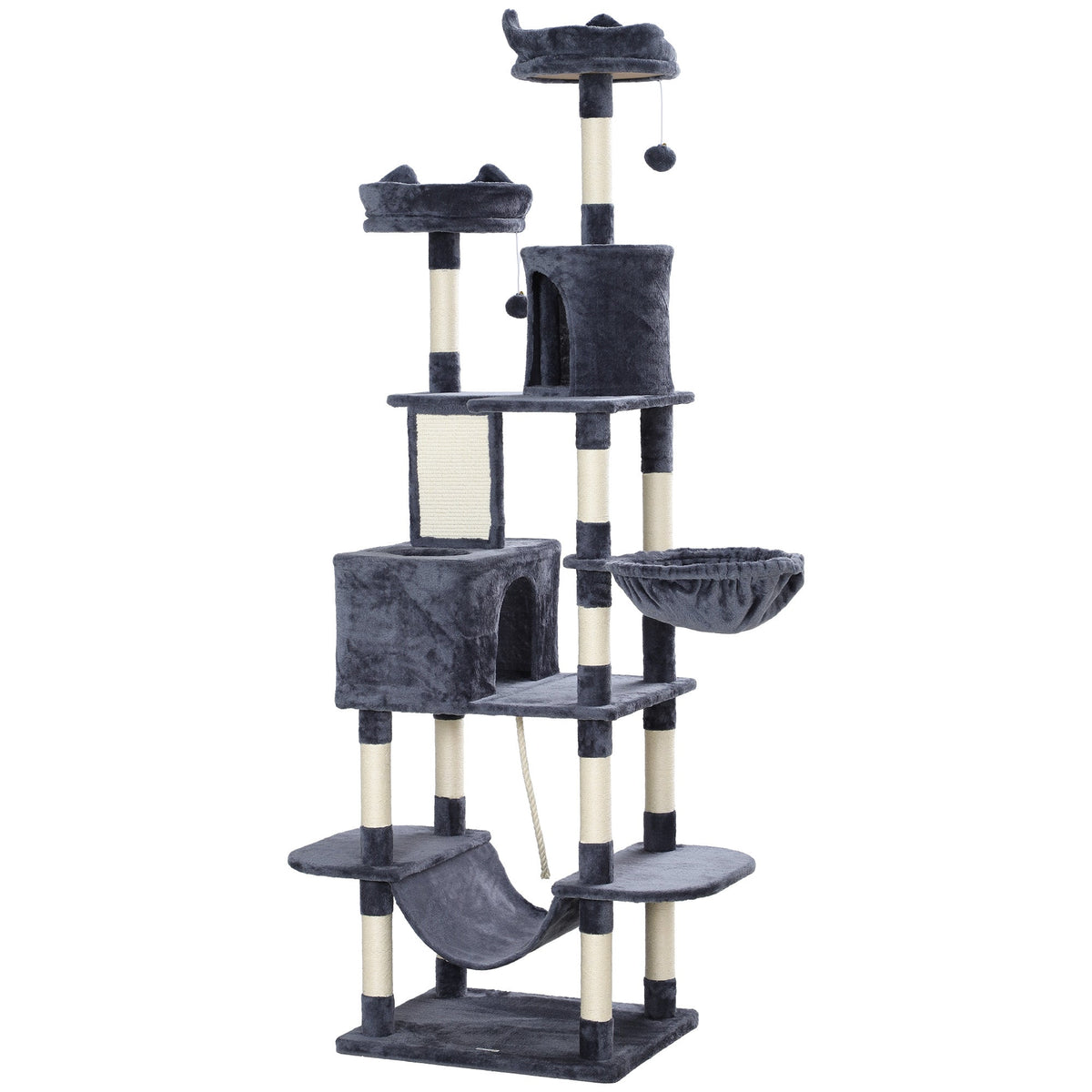 PawHut 206cm Cat Tree, Multi-Level Cat Tower with Scratching Posts and Board, Beds, Condos, Platforms, Toy Balls, Dark Grey