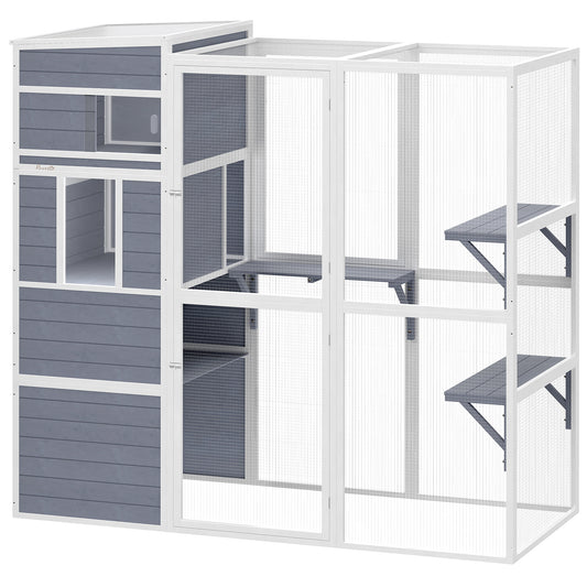 PawHut 4-Tier Wooden Catio Cat Outdoor Enclosure with Sun Roof, Resting Rooms, 3 Platforms, Window Outdoor Indoor, Grey