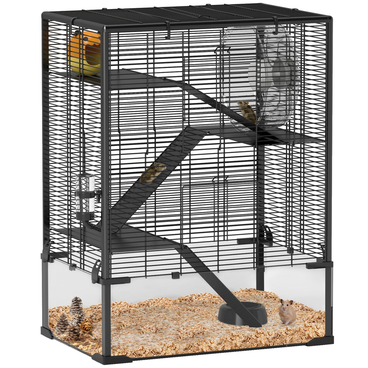 PawHut Four-Tier Hamster Cage with Deep Tempered Glass Bottom in Black