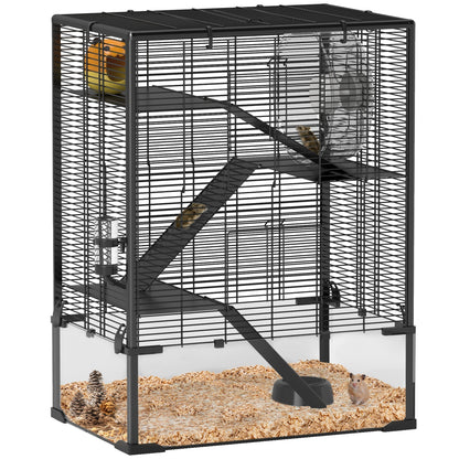 PawHut Four-Tier Hamster Cage with Deep Tempered Glass Bottom in Black