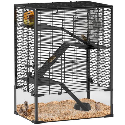 PawHut Four-Tier Hamster Cage with Deep Tempered Glass Bottom in Black