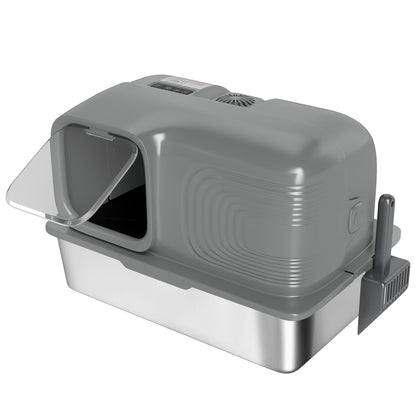 PawHut 65L Extra Large Stainless Steel Litter Tray with Plasma Deodoriser System, High Sided, Easy to Clean & Odour-Resistant